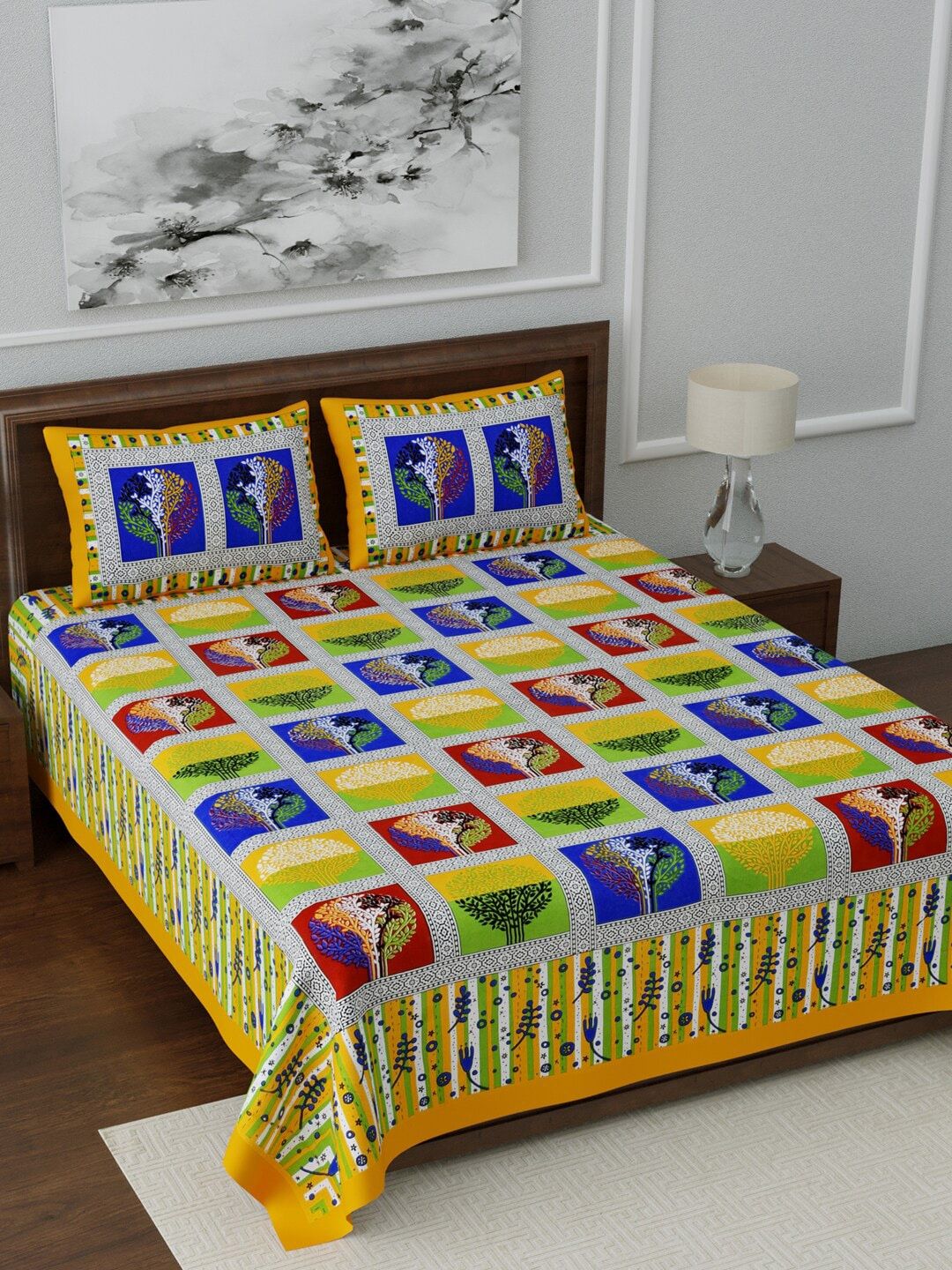 LIVING ROOTS White & Yellow Ethnic Motifs 144 TC Cotton 1 Queen Bedsheet with 2 Pillow Covers Price in India