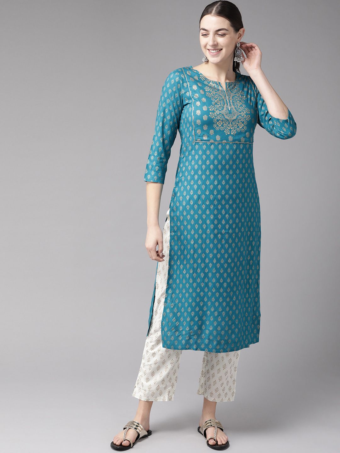 Yufta Women Teal Blue & Golden Printed Kurta with Trousers Price in India