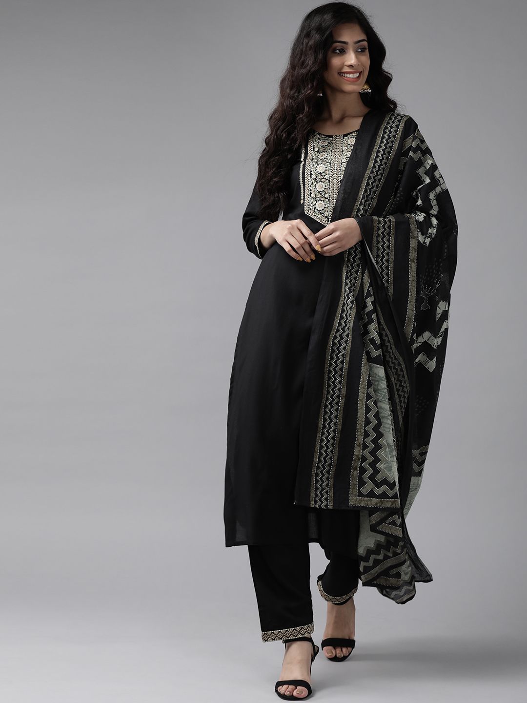 Yufta Women Black & Beige Yoke Design Kurta with Trousers & Dupatta Price in India