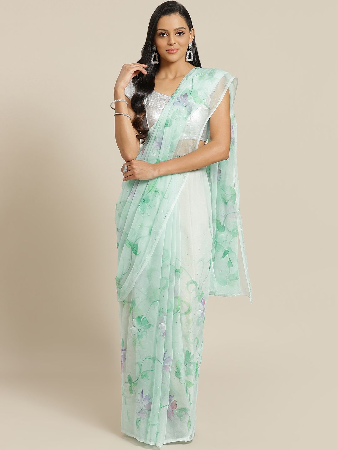 Geroo Jaipur Sea Green Hand Painted Floral Chiffon Sustainable Saree With Mukaish Work Price in India