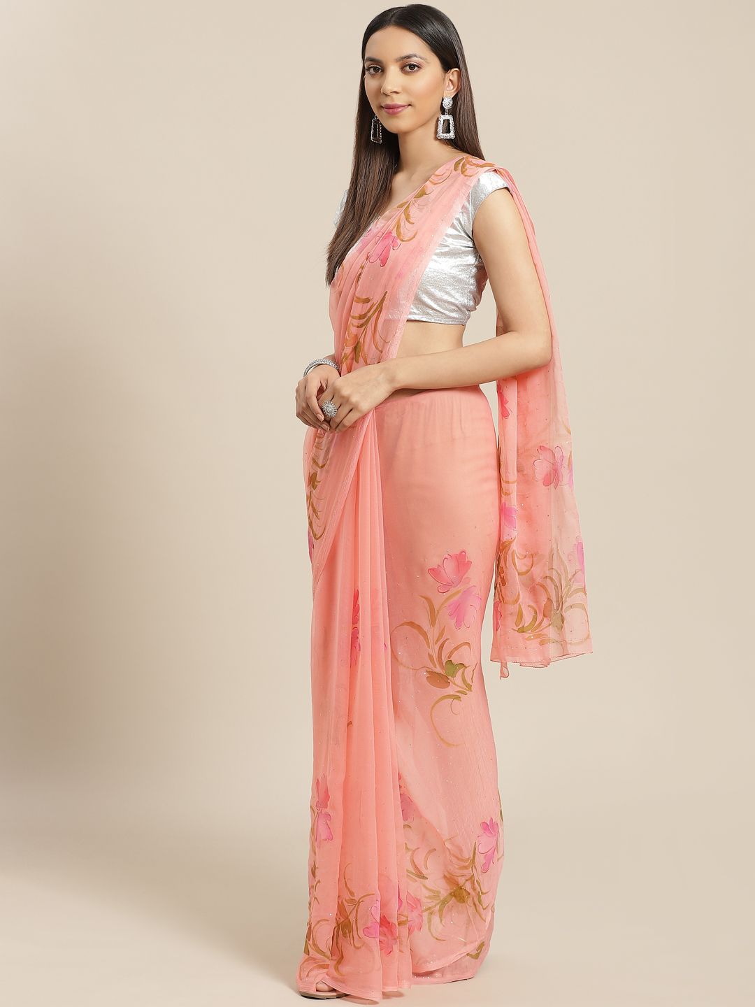 Geroo Jaipur Pink Hand Painted Floral Chiffon Sustainable Saree With Mukaish Work Price in India