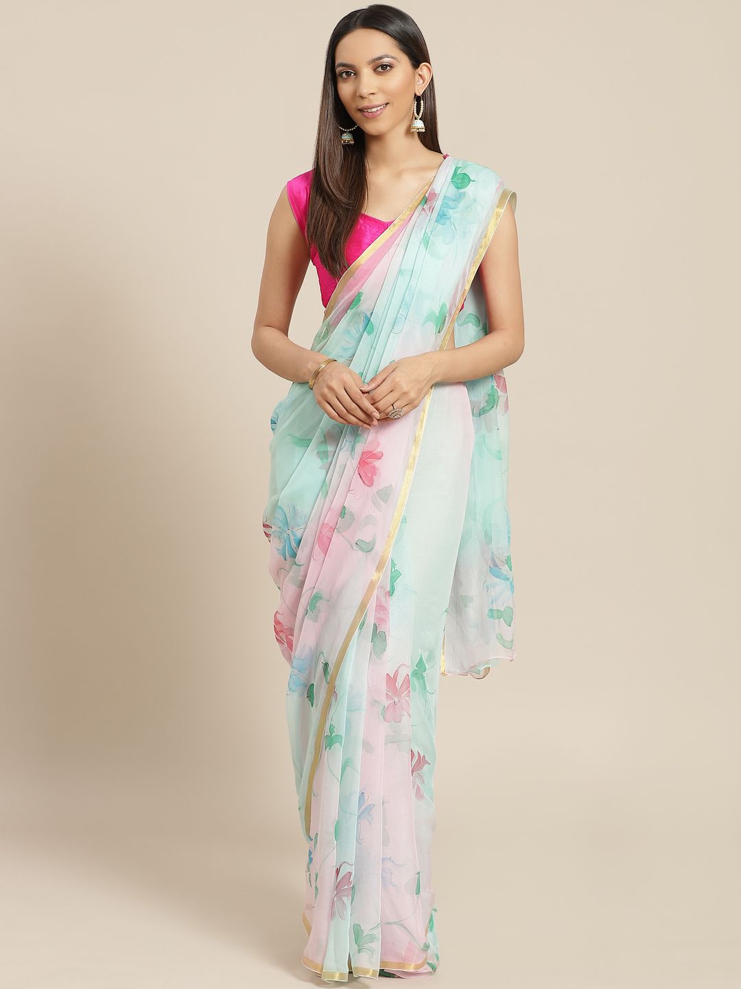 Geroo Jaipur Blue & Pink Hand Painted Floral Chiffon Sustainable Saree Price in India