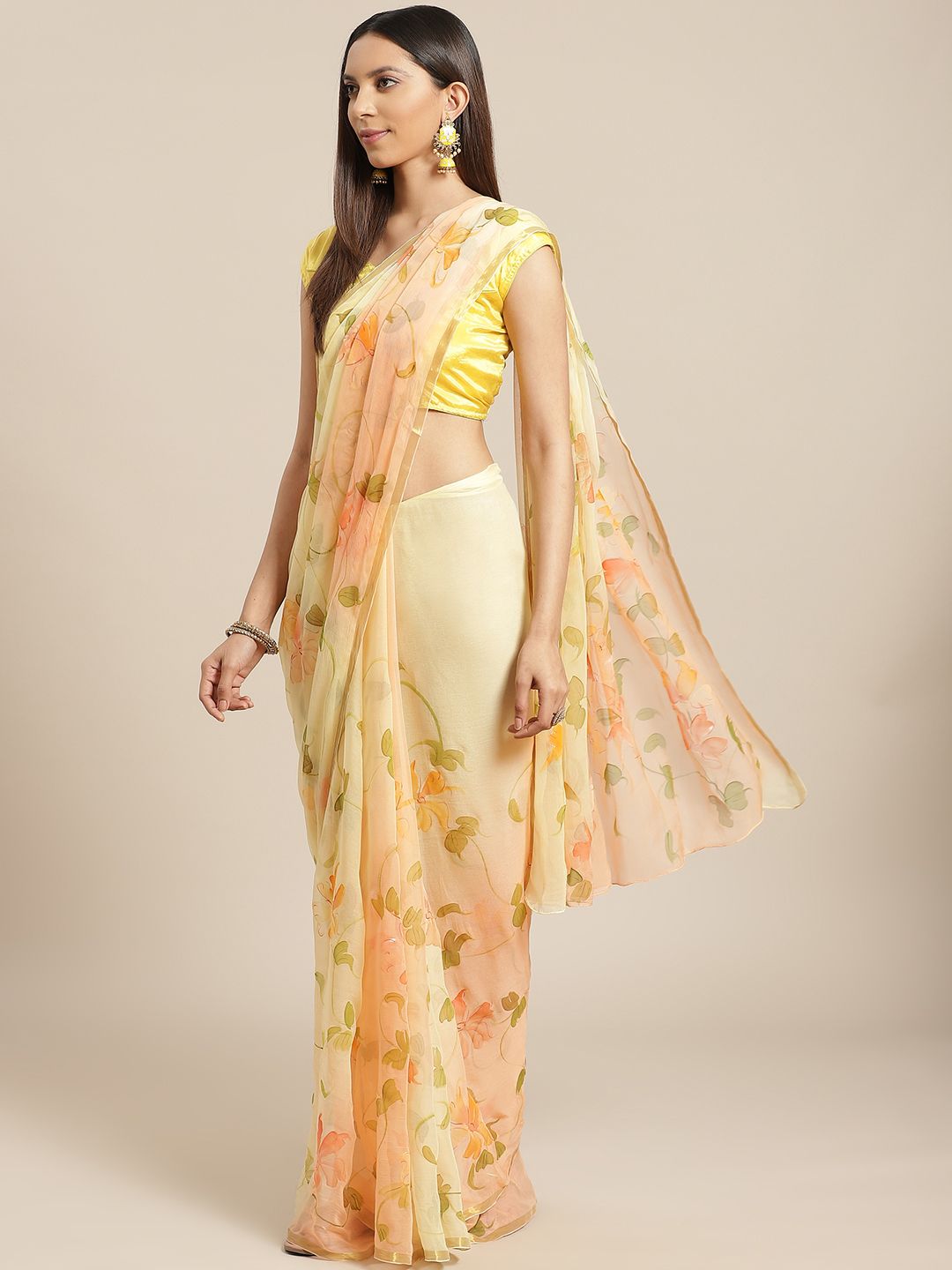 Geroo Jaipur Yellow & Coral Orange Hand Painted Floral Chiffon Sustainable Saree Price in India