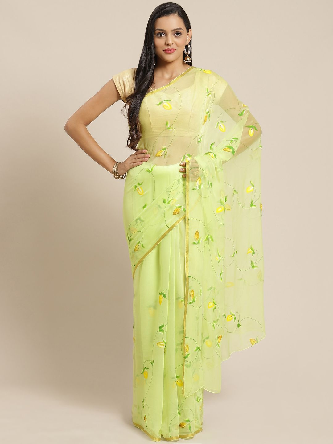 Geroo Jaipur Lime Green Hand Painted Floral Chiffon Sustainable Saree Price in India