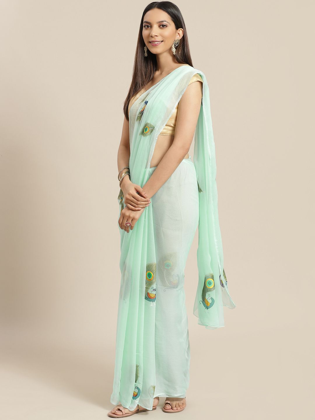 Geroo Jaipur Sea Green Peacock Hand Painted Chiffon Sustainable Saree Price in India