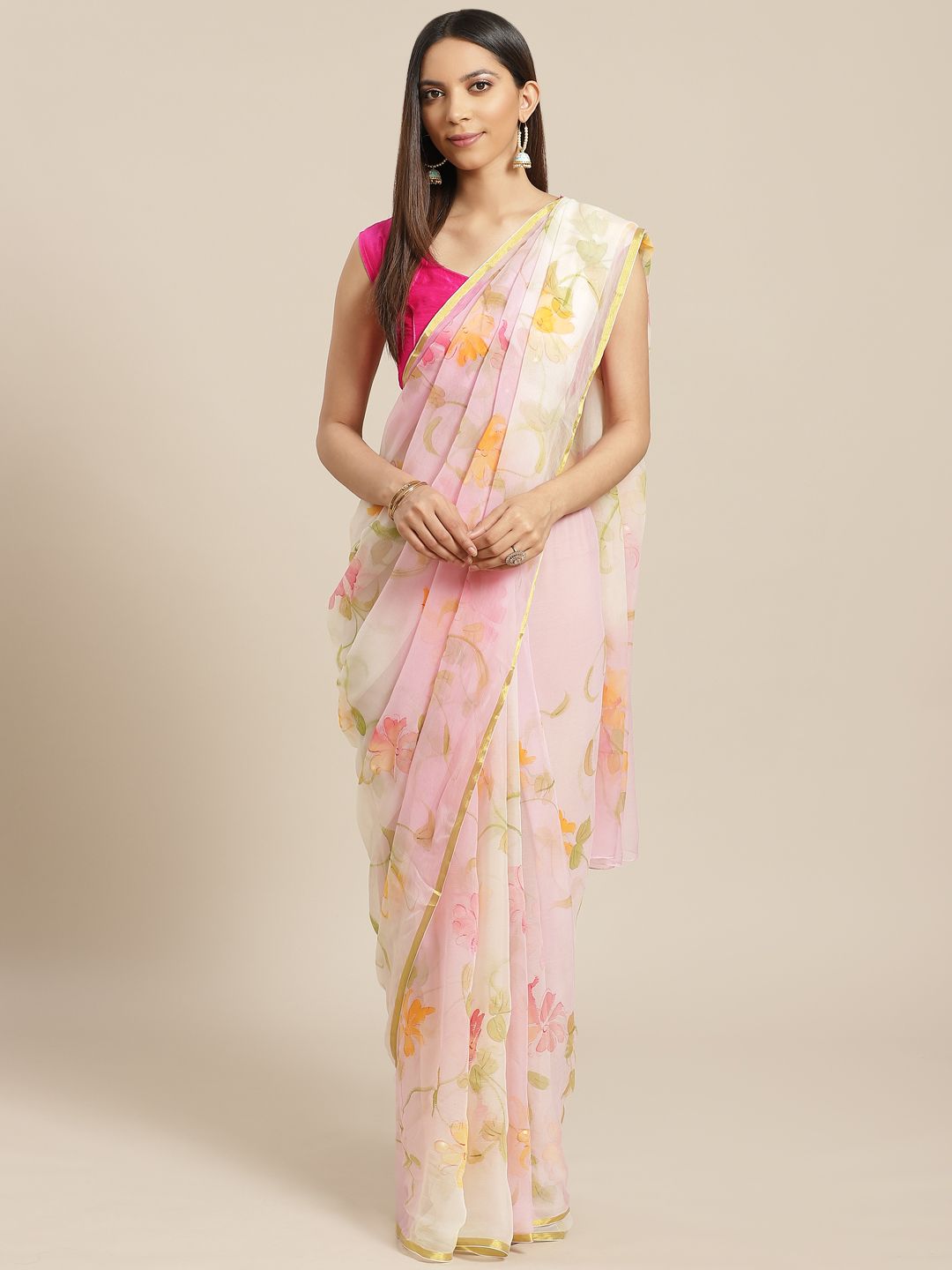 Geroo Jaipur Pink & Off White Hand Painted Floral Chiffon Sustainable Saree Price in India