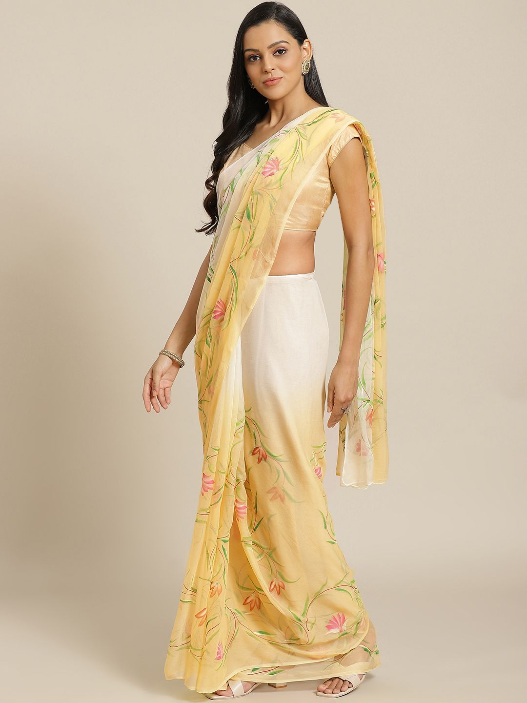 Geroo Jaipur Pastel Yellow & White Hand Painted Floral Chiffon Sustainable Saree Price in India