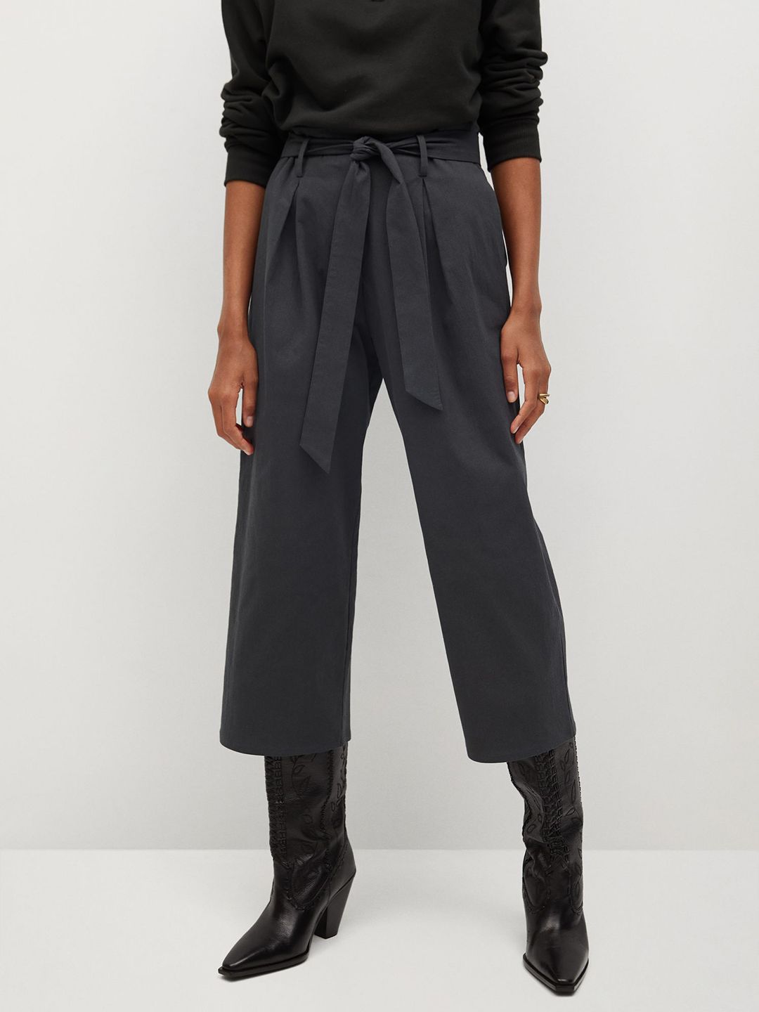 MANGO Women Charcoal Grey Straight Fit Solid Cropped Parallel Trousers Price in India