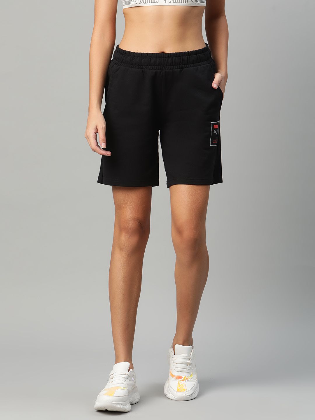 Puma Women Black Graphic 3 Solid Regular Fit Sports Shorts Price in India