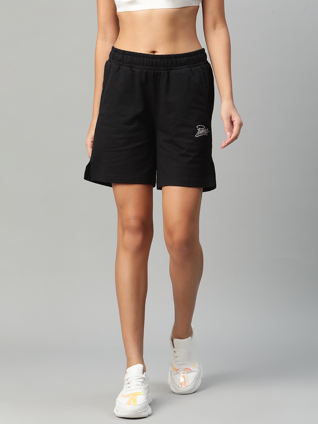 Puma Women Black Graphic 4 Solid Regular Fit Sports Shorts Price in India