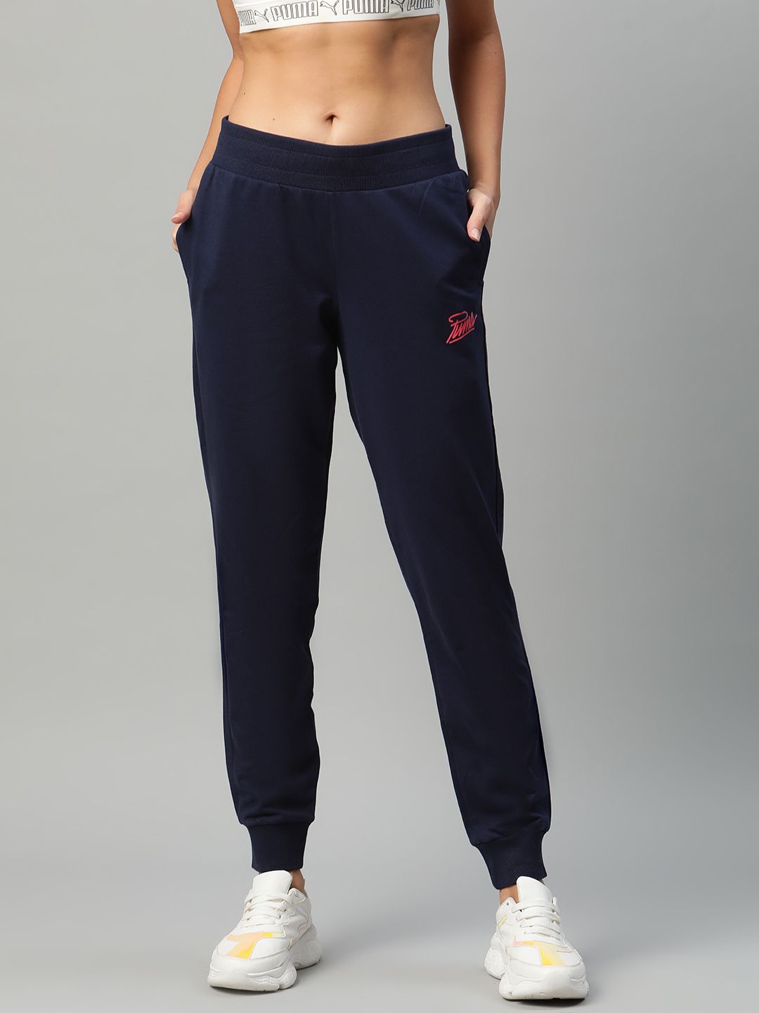Puma Women Navy Blue Graphic 5 Solid Regular Fit Joggers Price in India