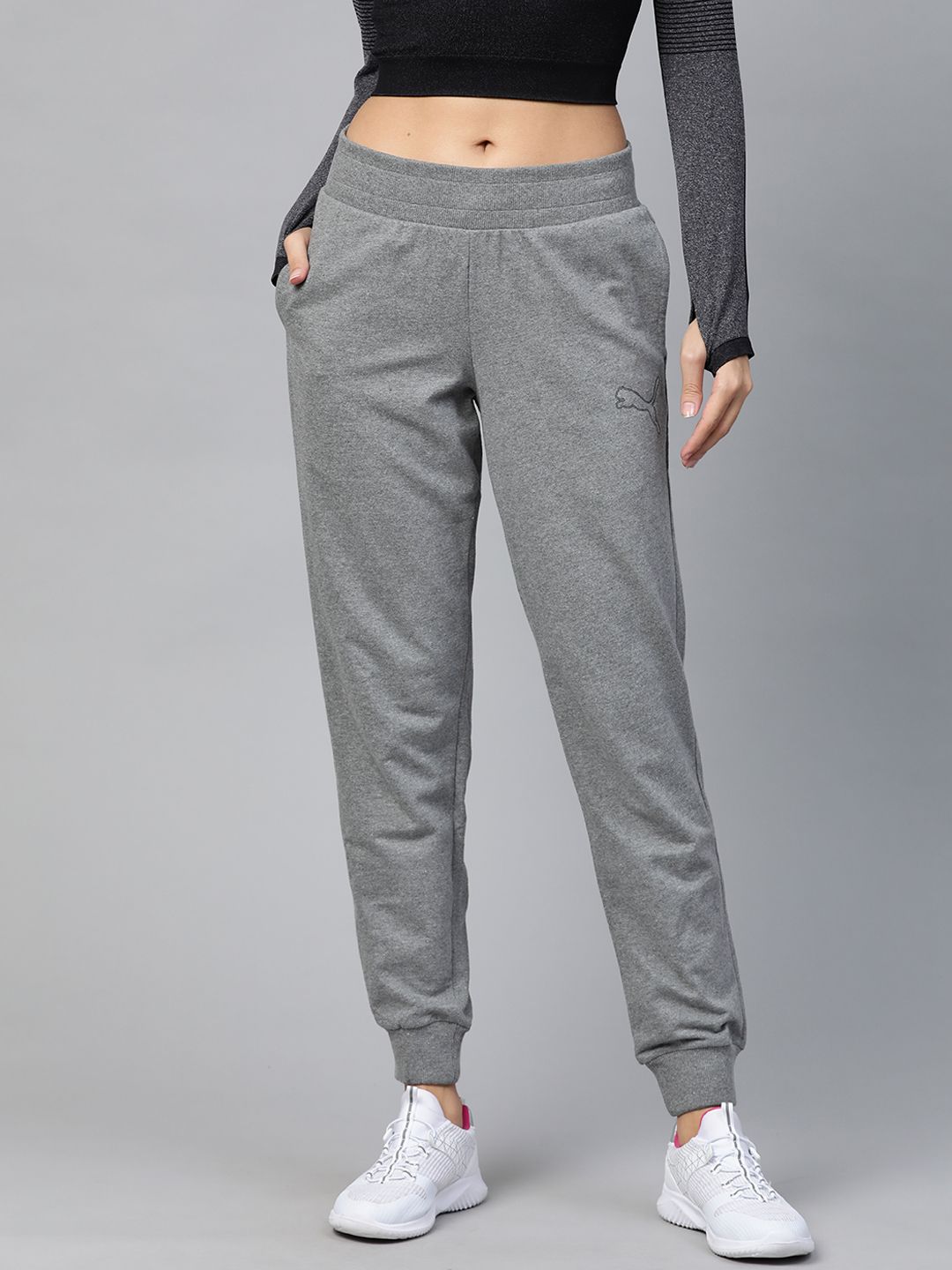 Puma Women Grey Melange Solid Graphic 4 Joggers Price in India
