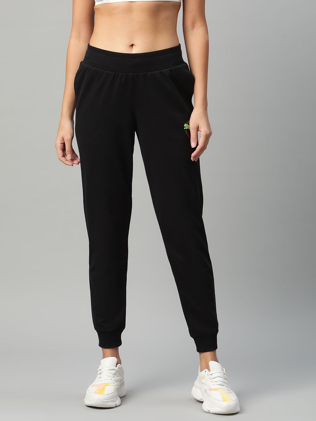 Puma Women Black Graphic 8 Solid Regular Fit Joggers Price in India