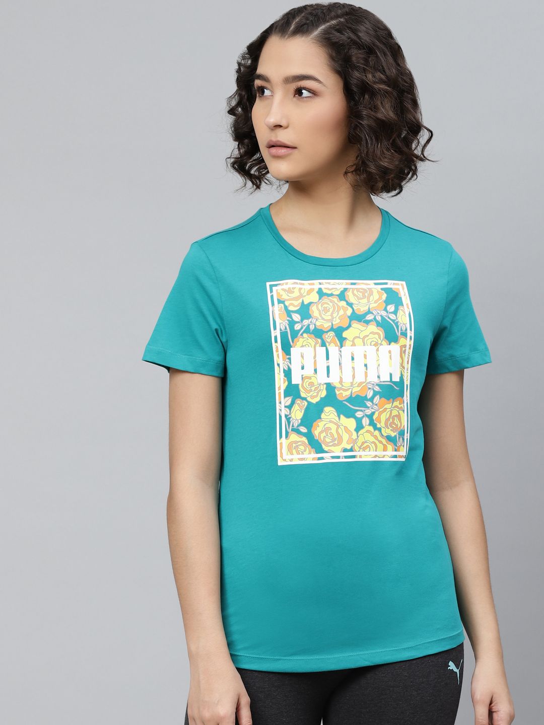 Puma Women Green Printed Round Neck Pure Cotton T-shirt Price in India