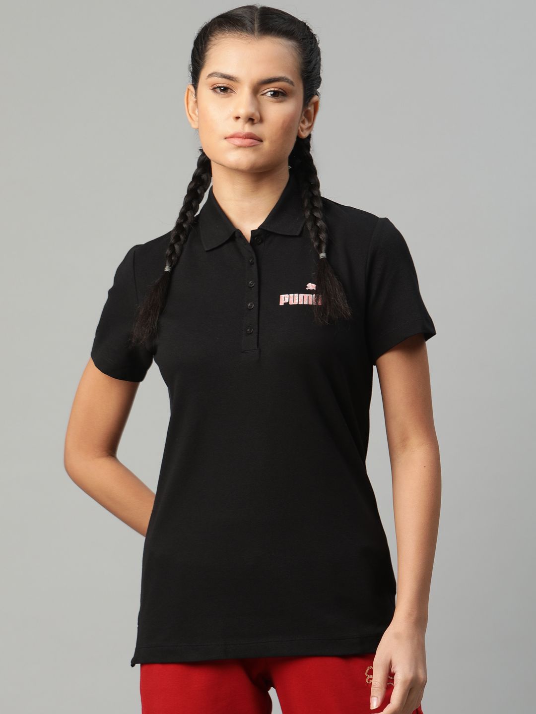 Puma Women Black Solid Graphic Polo 3 T-shirt Price in India