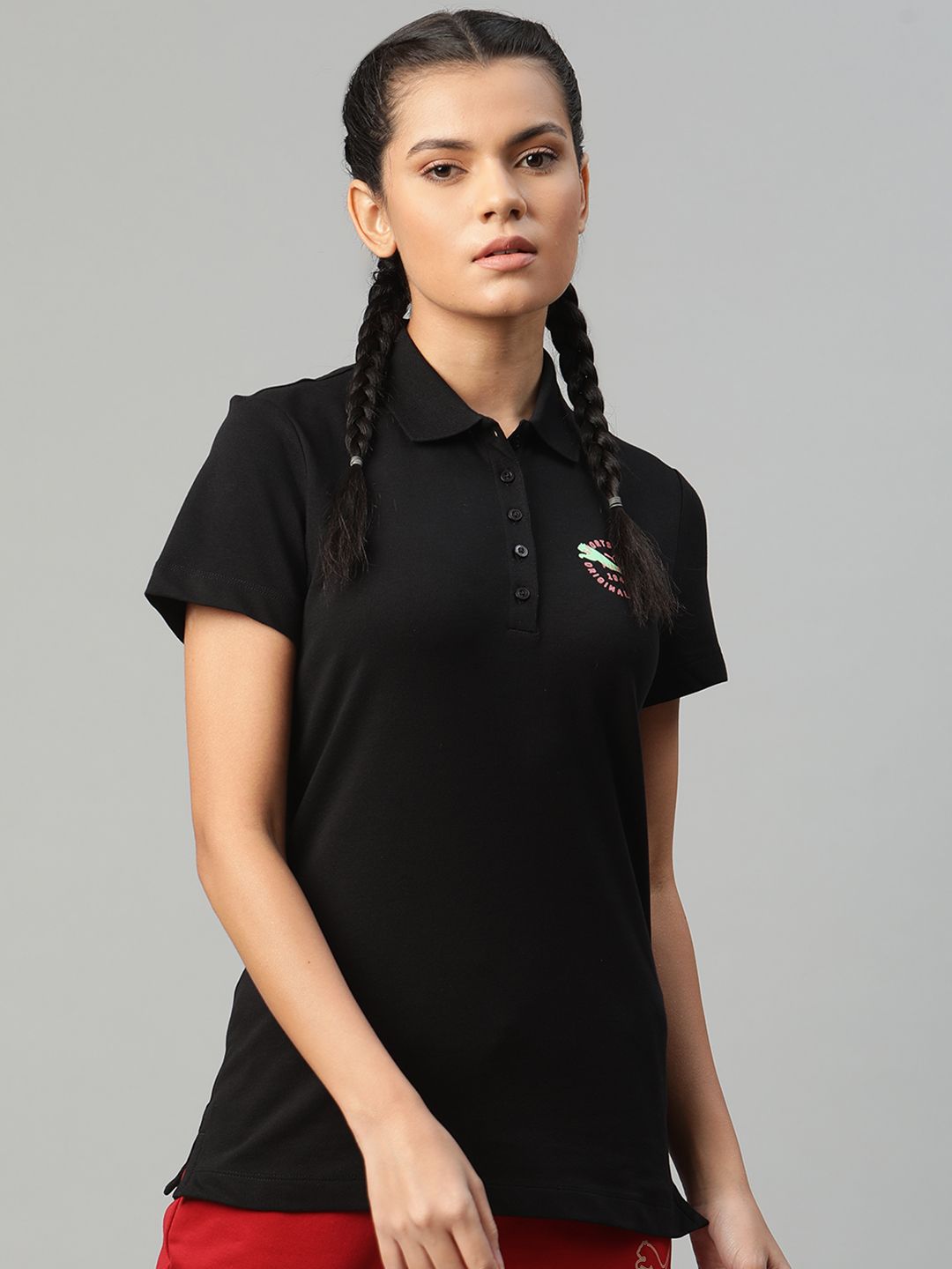 Puma Women Black Pure Cotton Graphic Polo 5 Pure Cotton T-shirt Price in India