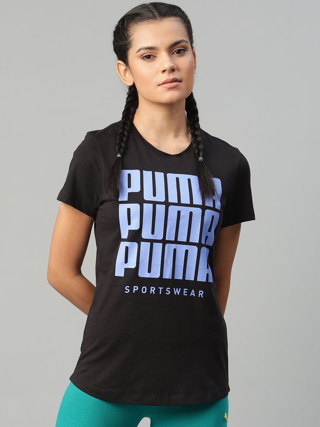 Puma Women Black  Blue Pure Cotton Graphic Brand Logo Print 21 Round Neck Pure Cotton T-shirt Price in India