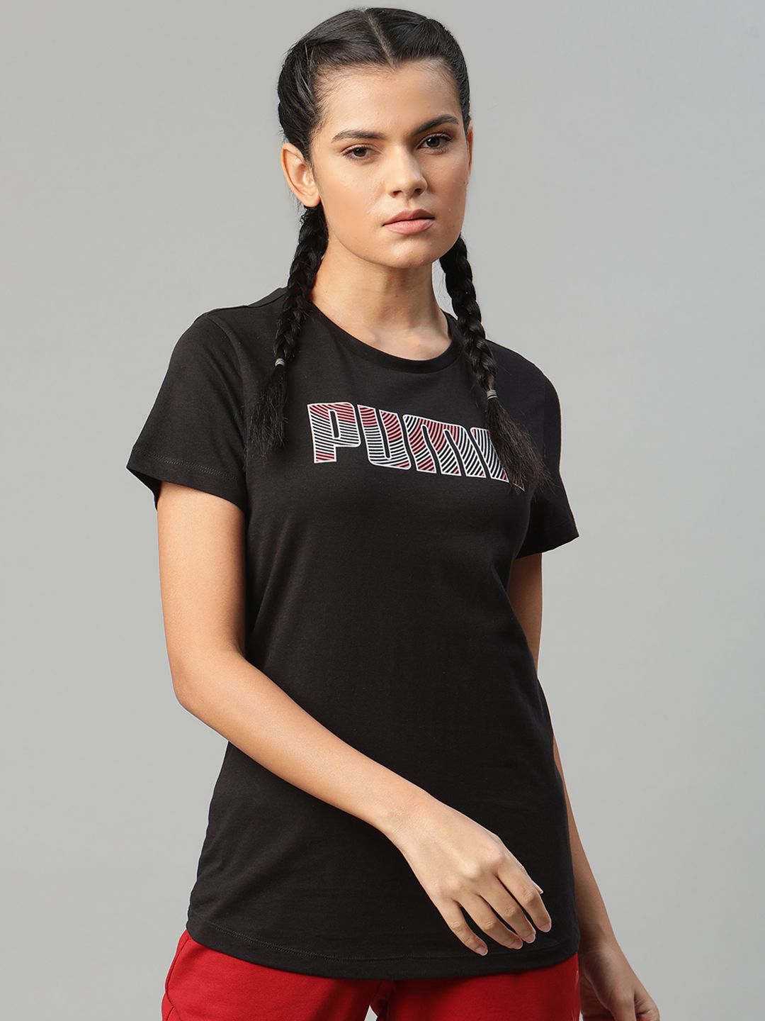 Puma Women Black Graphic 15 Pure Cotton Printed Pure Cotton T-shirt Price in India