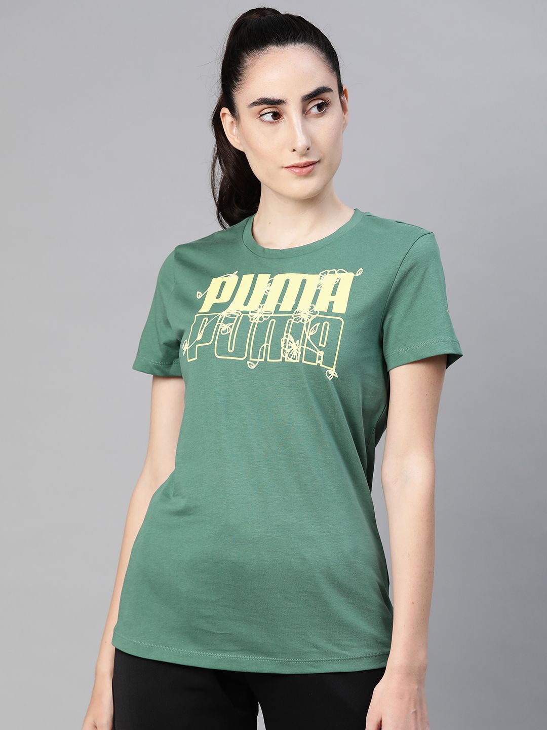 Puma Women Green  Yellow Brand Logo Printed Pure Cotton T-shirt Price in India