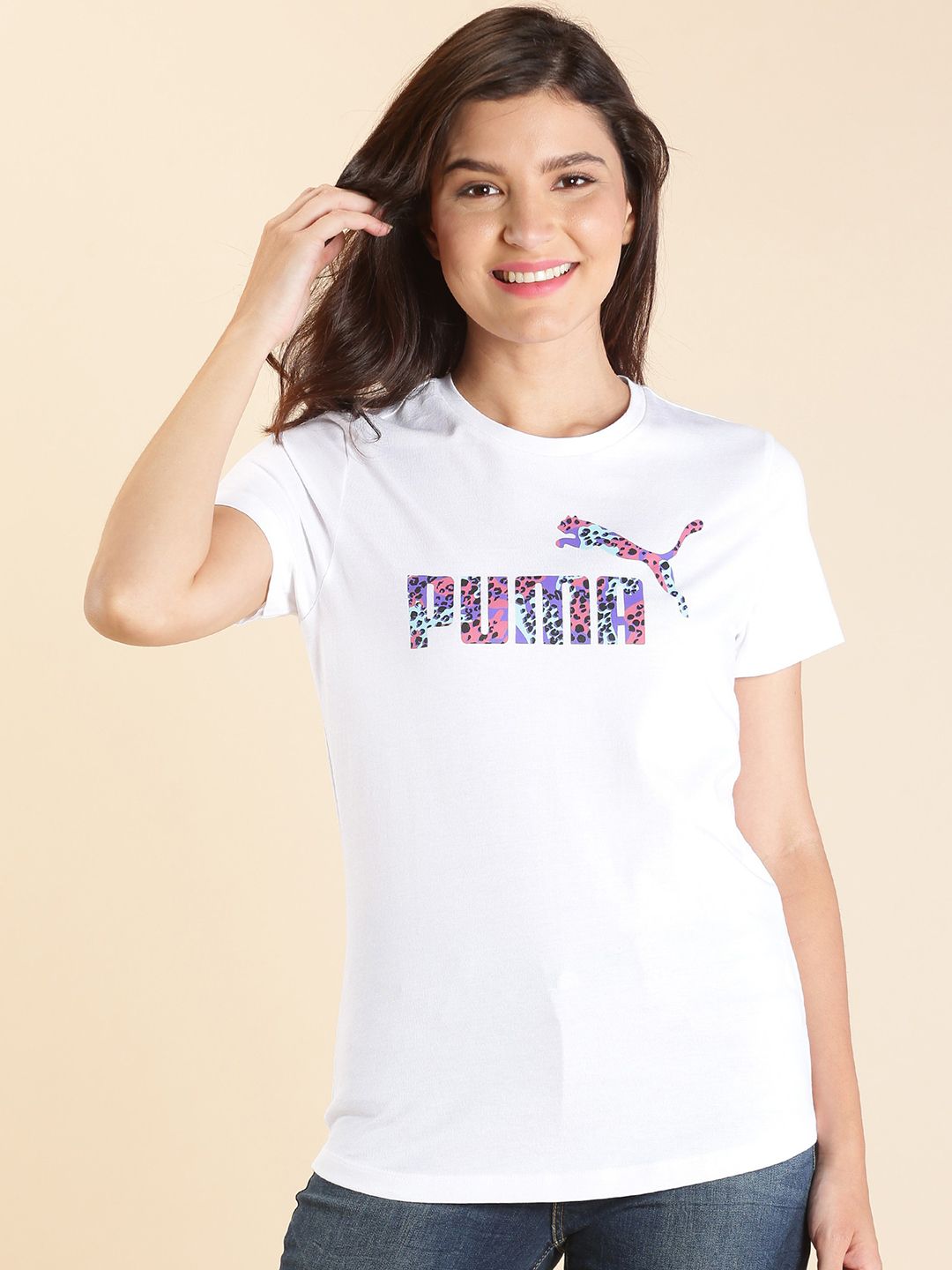 Puma Women White No. 1 Leopard Logo Print Cotton  Pure Cotton T-shirt Price in India