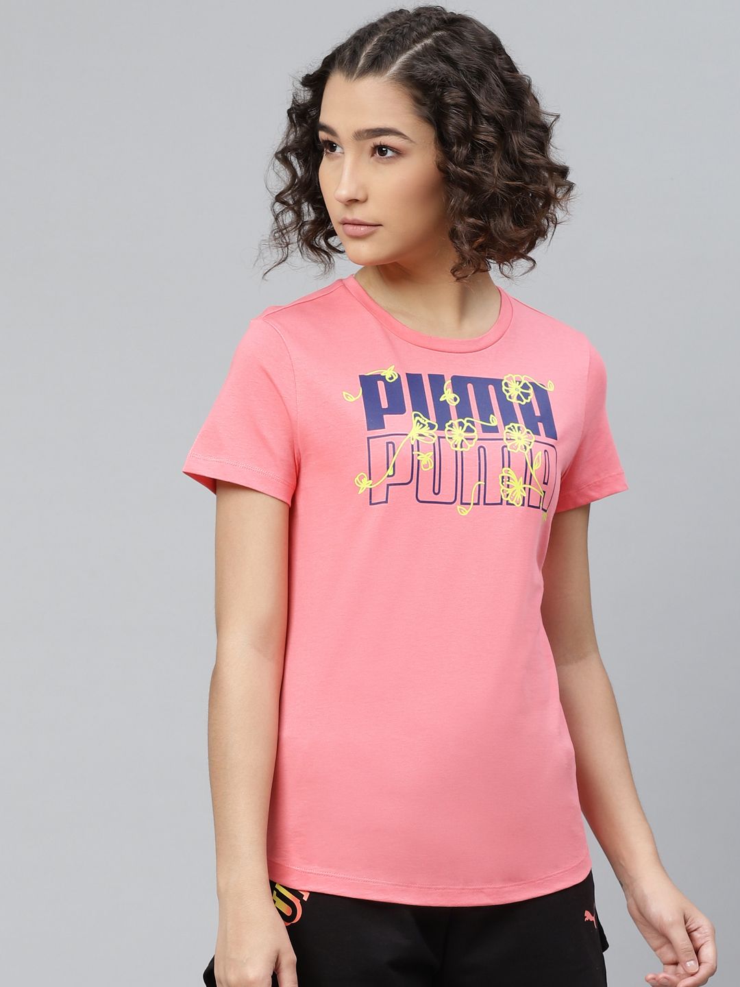 Puma Women Coral Pink Printed Round Neck Pure Cotton T-shirt Price in India