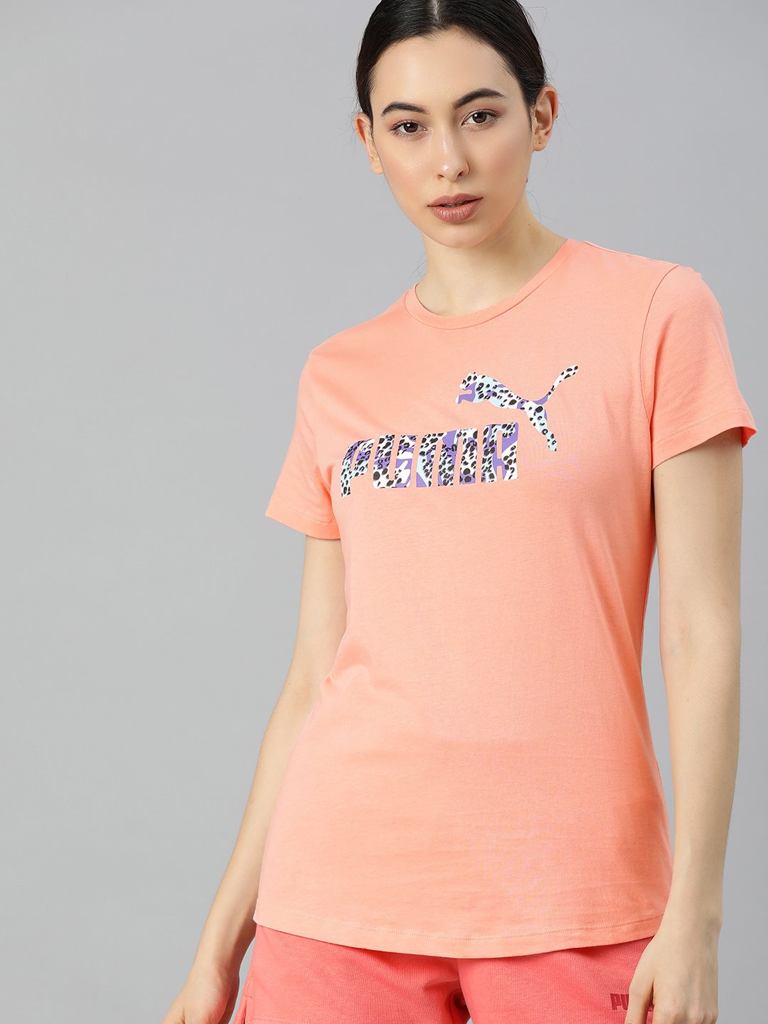 Puma Women Peach  Purple no. 1 leopard print Brand Logo Printed Pure Cotton T-shirt Price in India