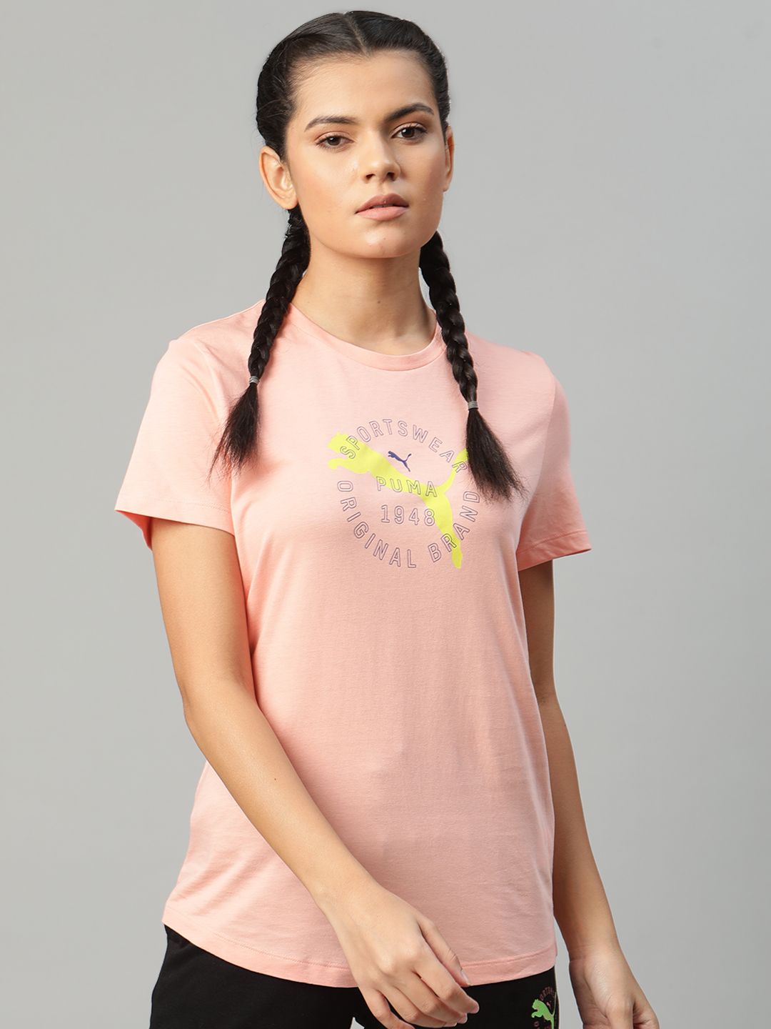 Puma Women Pink Pure Cotton Graphic Brand Logo Print 17 Round Neck Pure Cotton T-shirt Price in India