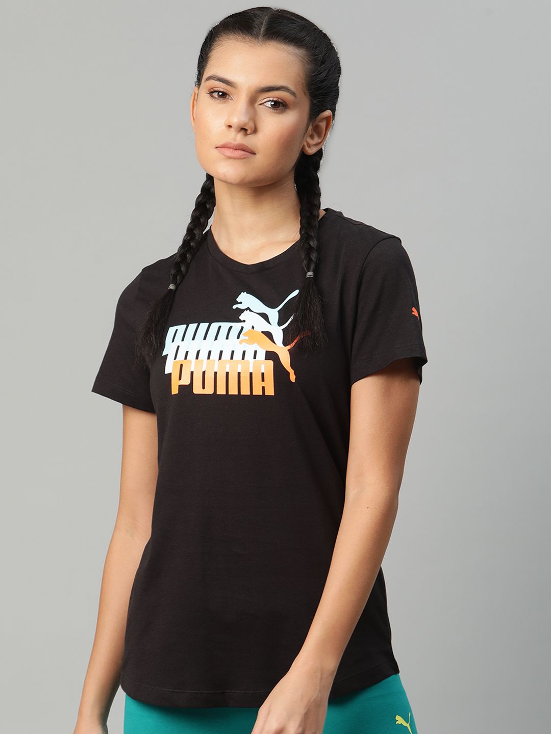 Puma Women Black & White Brand Logo Printed Graphic 9 T-shirt Price in India