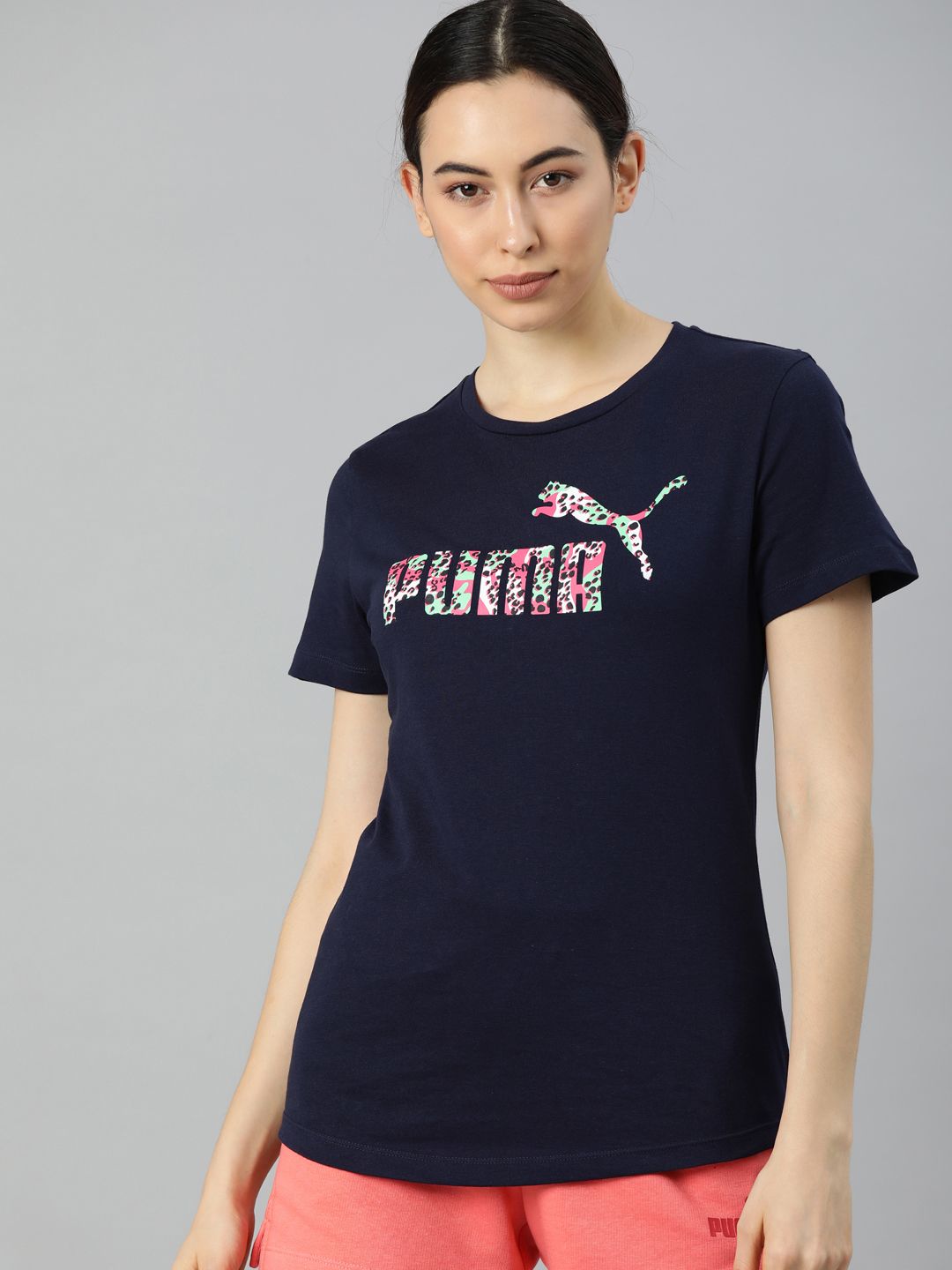 Puma Women Navy Blue no. 1 leopard Brand Logo Printed Pure Cotton T-shirt Price in India