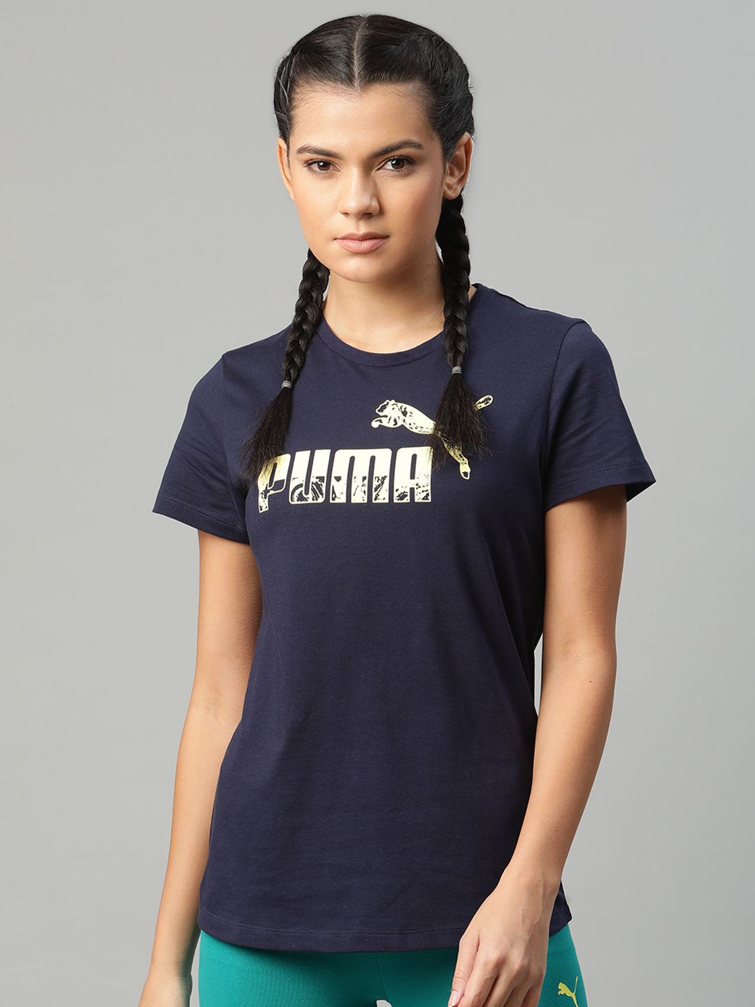 Puma Women Navy Blue & Cream-Coloured Brand Logo Printed Graphic 7 T-shirt Price in India