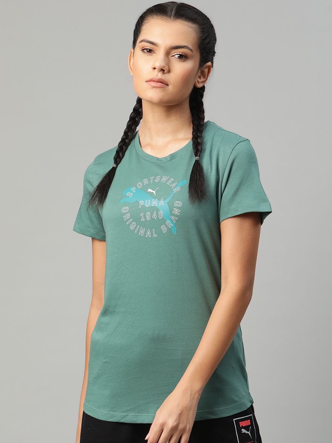 Puma Women Green Pure Cotton Graphic Brand Logo Print 17 Round Neck Pure Cotton T-shirt Price in India