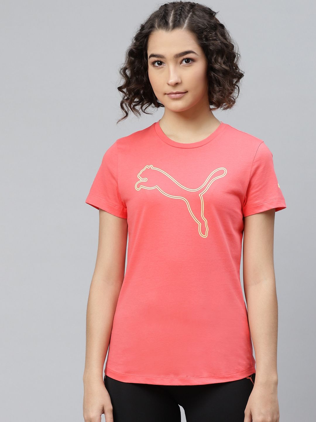 Puma Women Coral Pink Printed Round Neck Pure Cotton T-shirt Price in India