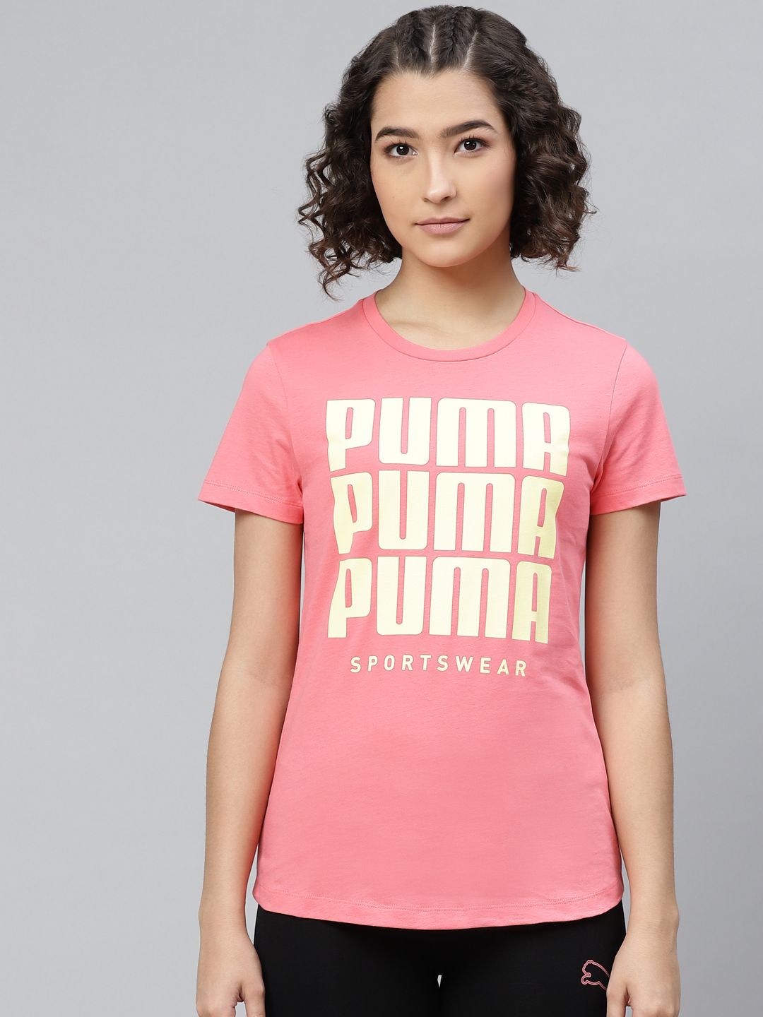 Puma Women Coral Pink Printed Round Neck Pure Cotton T-shirt Price in India