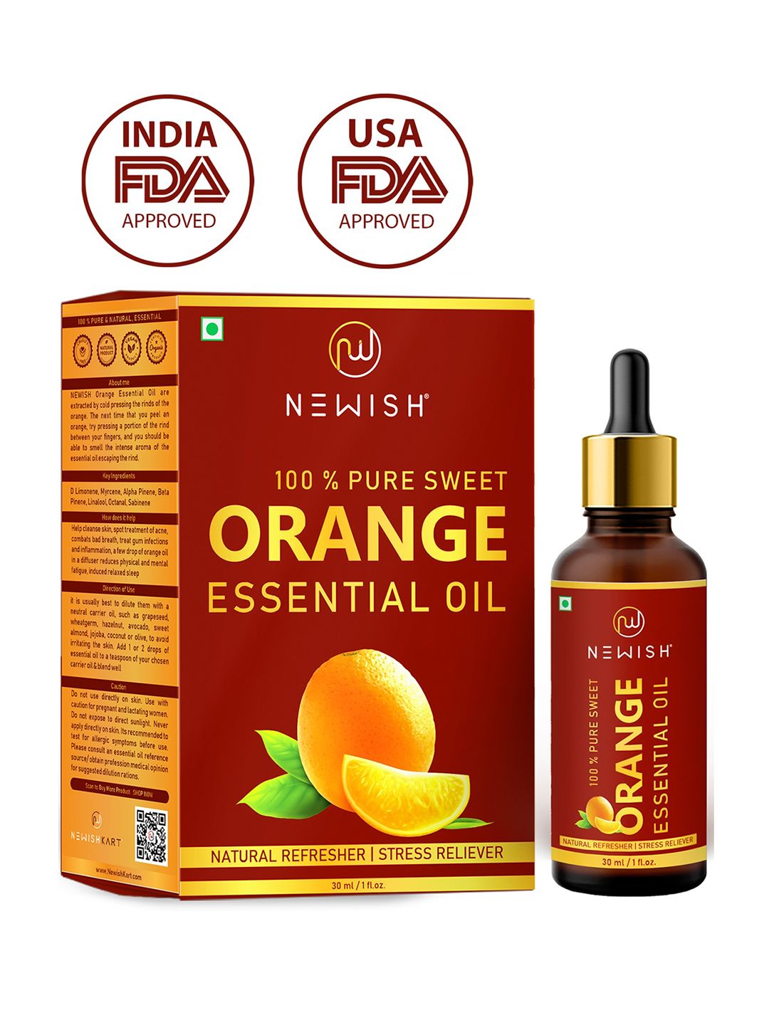 NEWISH Unisex Orange Essential Oil for Face, Skin, Aroma, Diffuser Cold Pressed 30ml Price in India