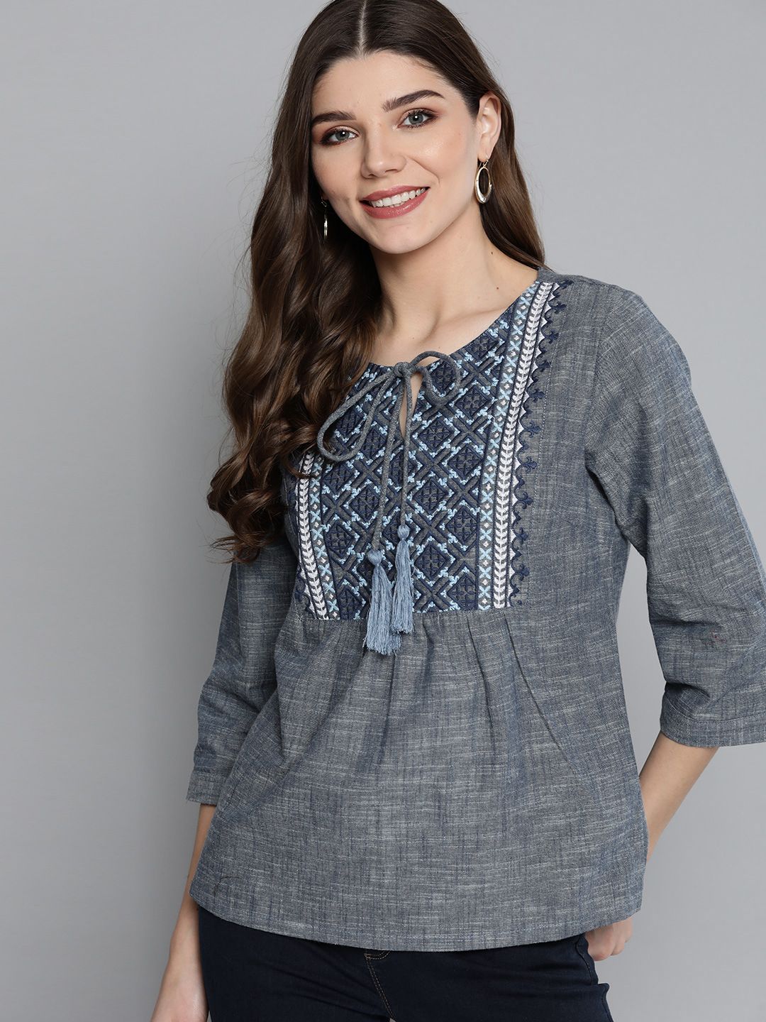 HERE&NOW Grey & Navy Blue Embroidered Slub Effect Tie-Up Neck Pure Cotton Top