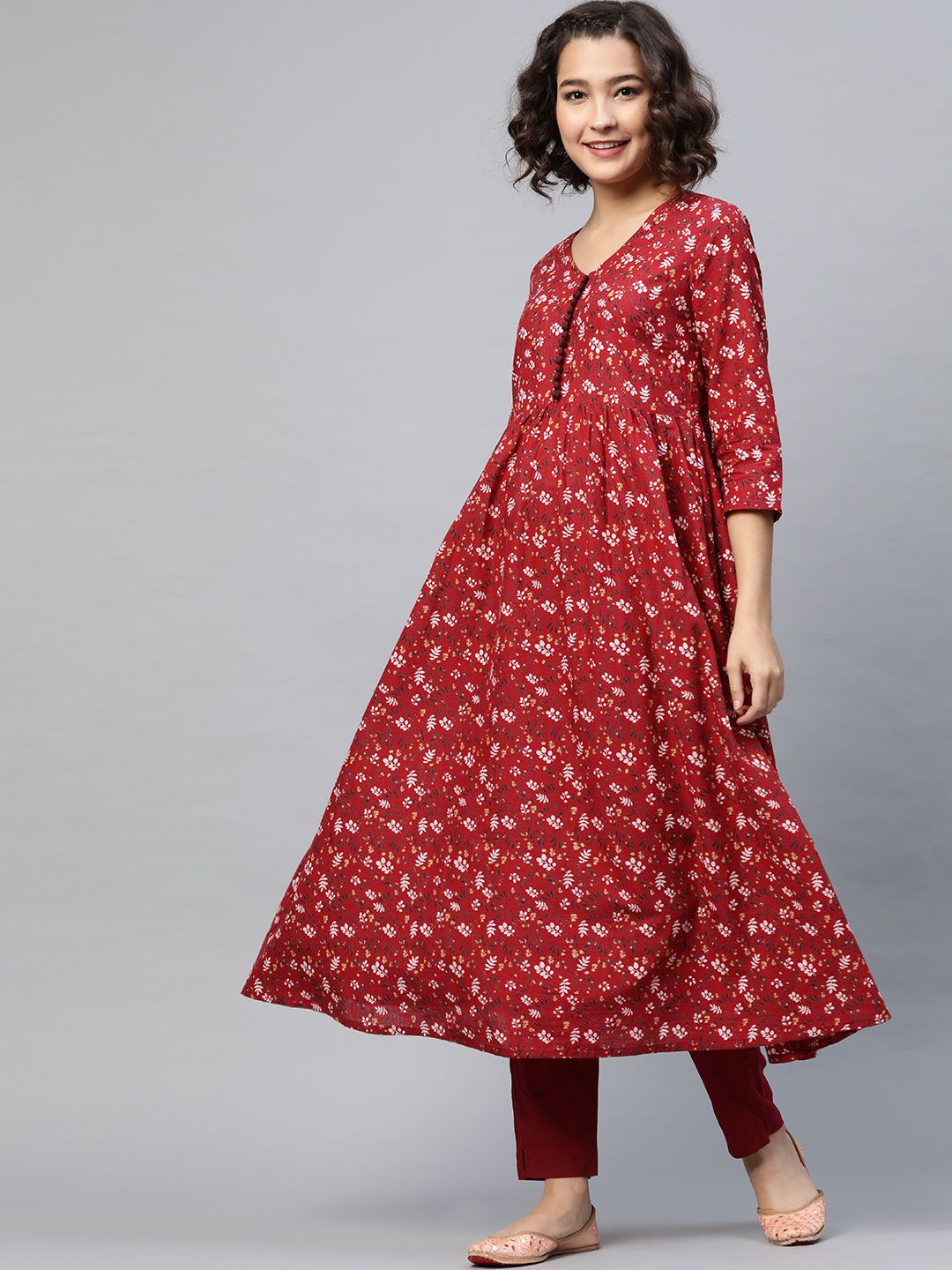 HERE&NOW Women Red Floral Printed Anarkali Kurta