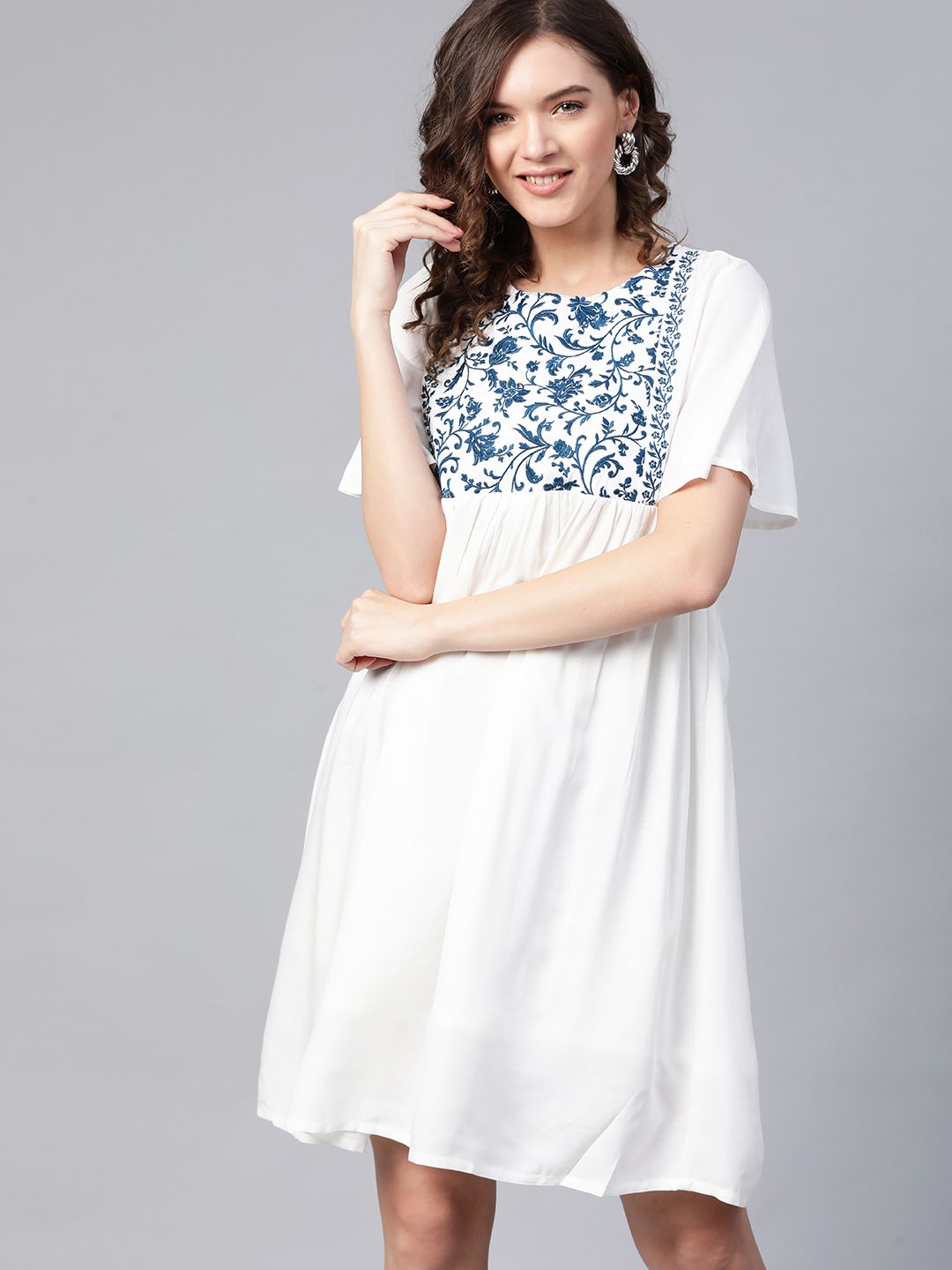 HERE&NOW White & Blue Ethnic Motifs Embroidered Gathered A-Line Dress Price in India