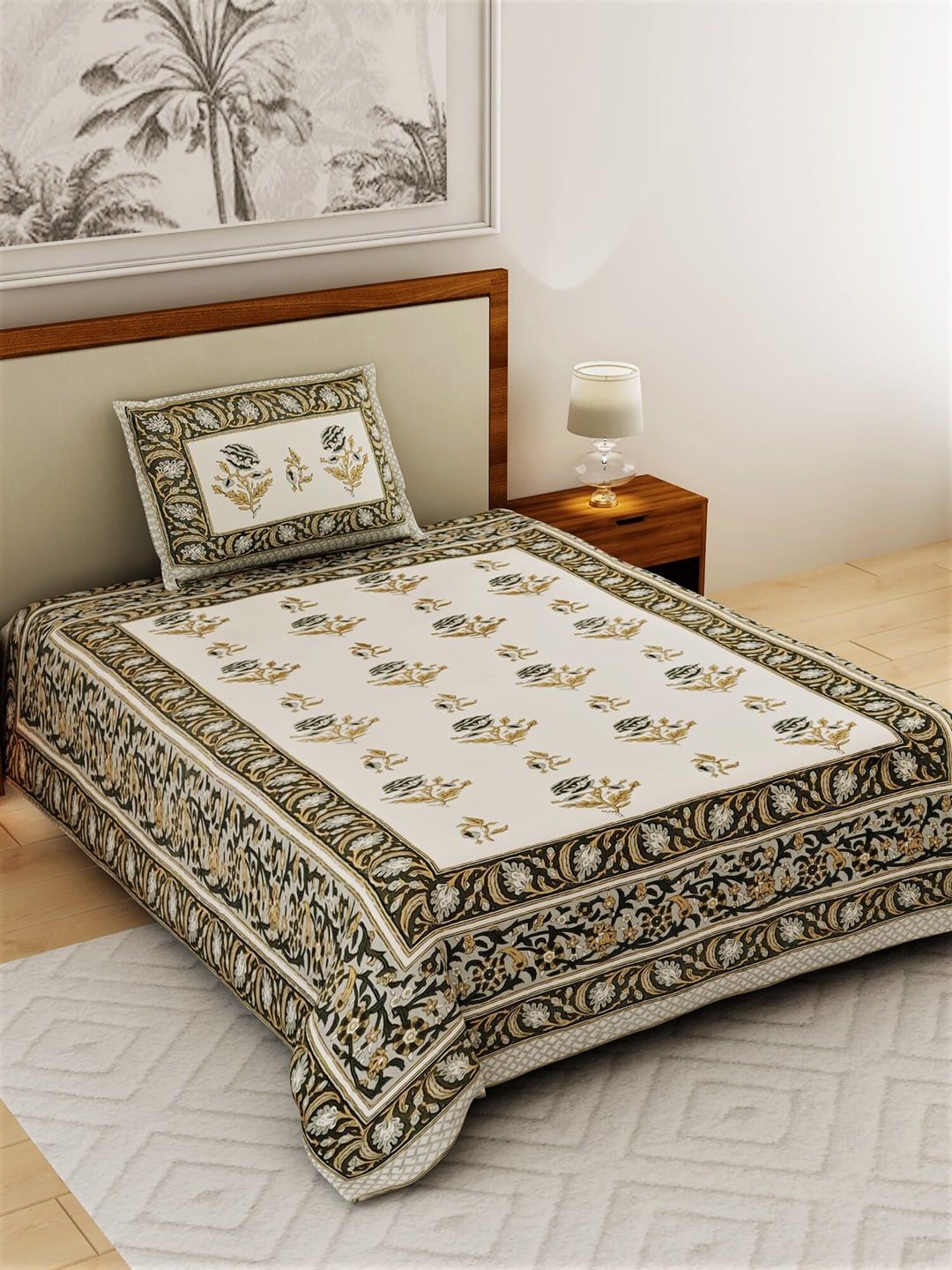 Salona Bichona Off-White & Grey Ethnic Motifs 120 TC Cotton 1 Single Bedsheet with 1 Pillow Covers Price in India