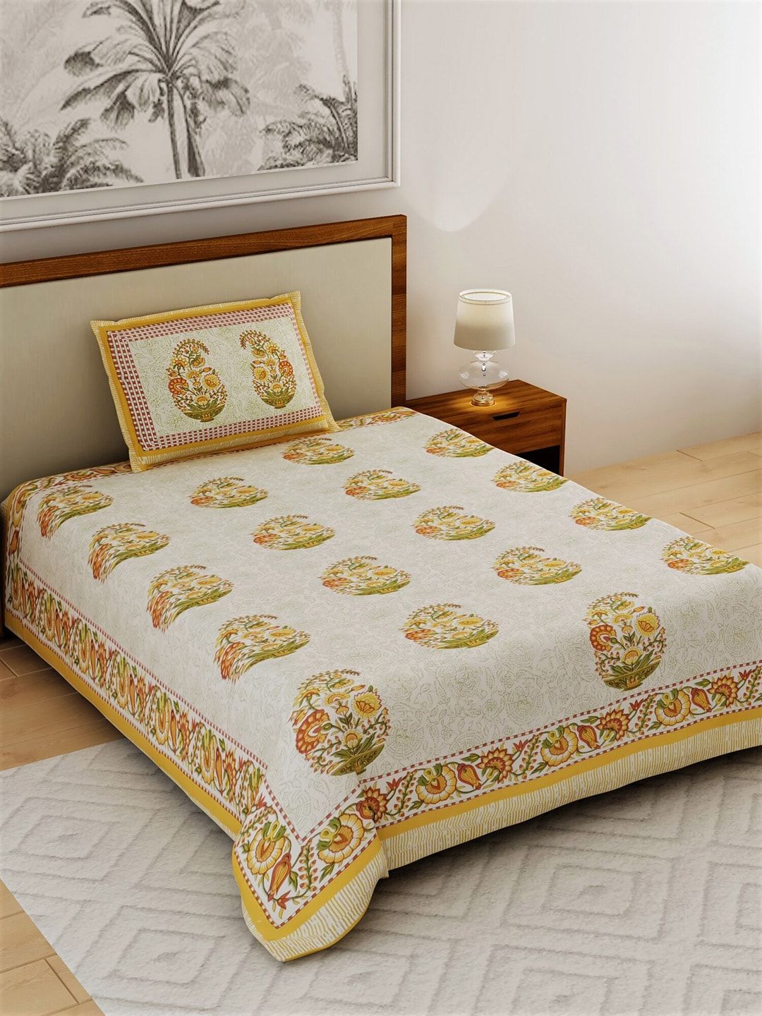 Salona Bichona Off-White & Yellow Ethnic Motifs 120 TC Cotton 1 Single Bedsheet with 1 Pillow Covers Price in India