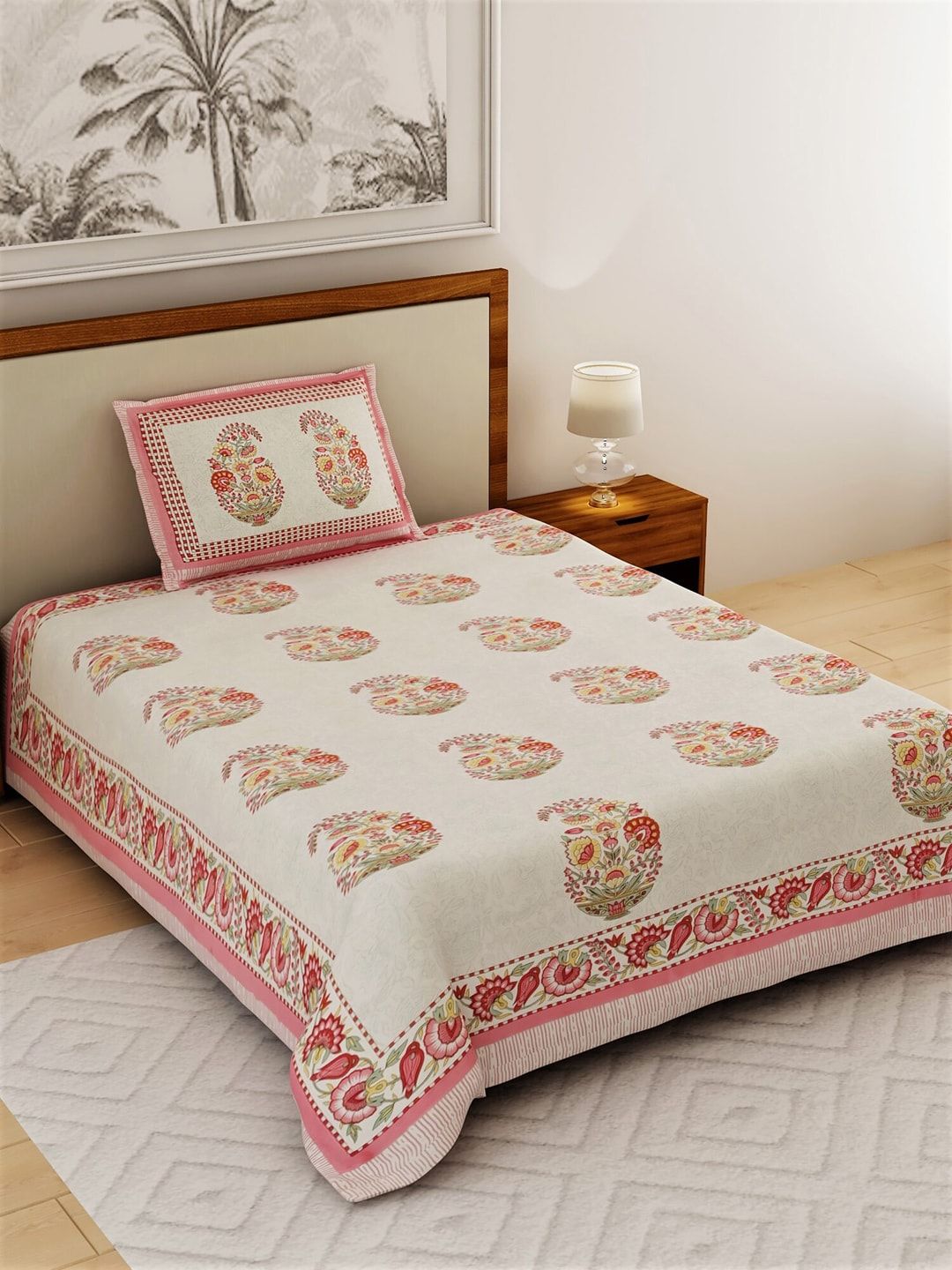 Salona Bichona Red & Off-White Floral 120 TC Cotton 1 Single Bedsheet with 1 Pillow Covers Price in India
