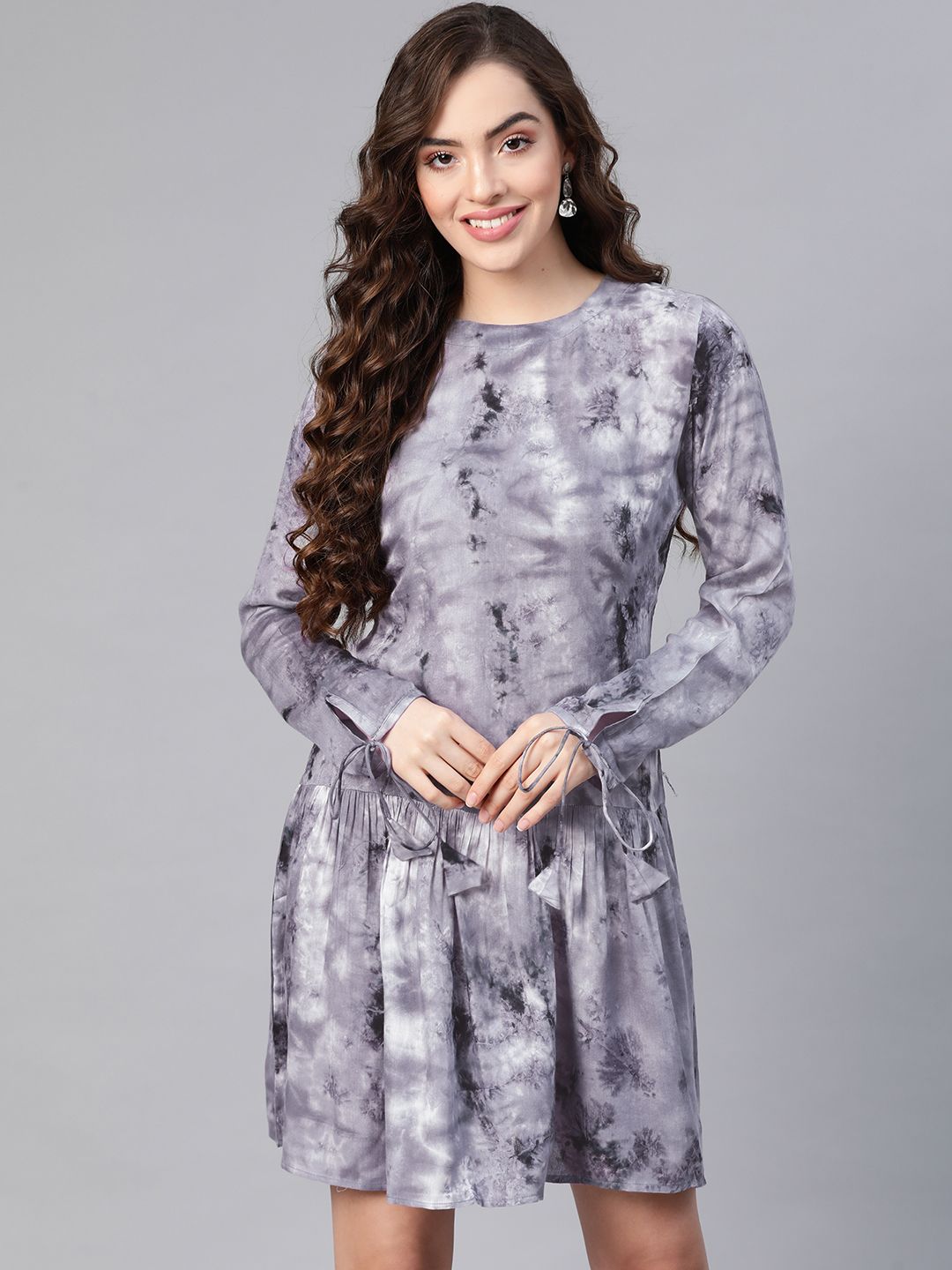 MBE Grey Tie and Dye Dyed Drop-Waist Dress Price in India