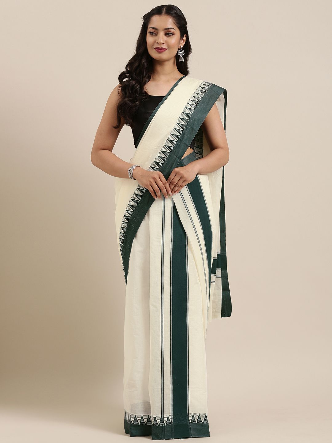 Mitera Off-White & Green Pure Cotton Solid Handloom Kasavu Mundu Saree