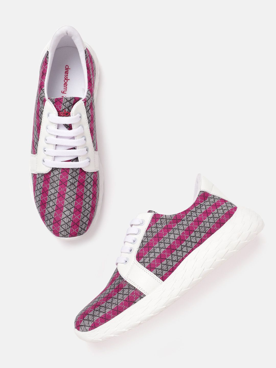 DressBerry Women Grey & Fuchsia Pink Self-Striped Sneakers