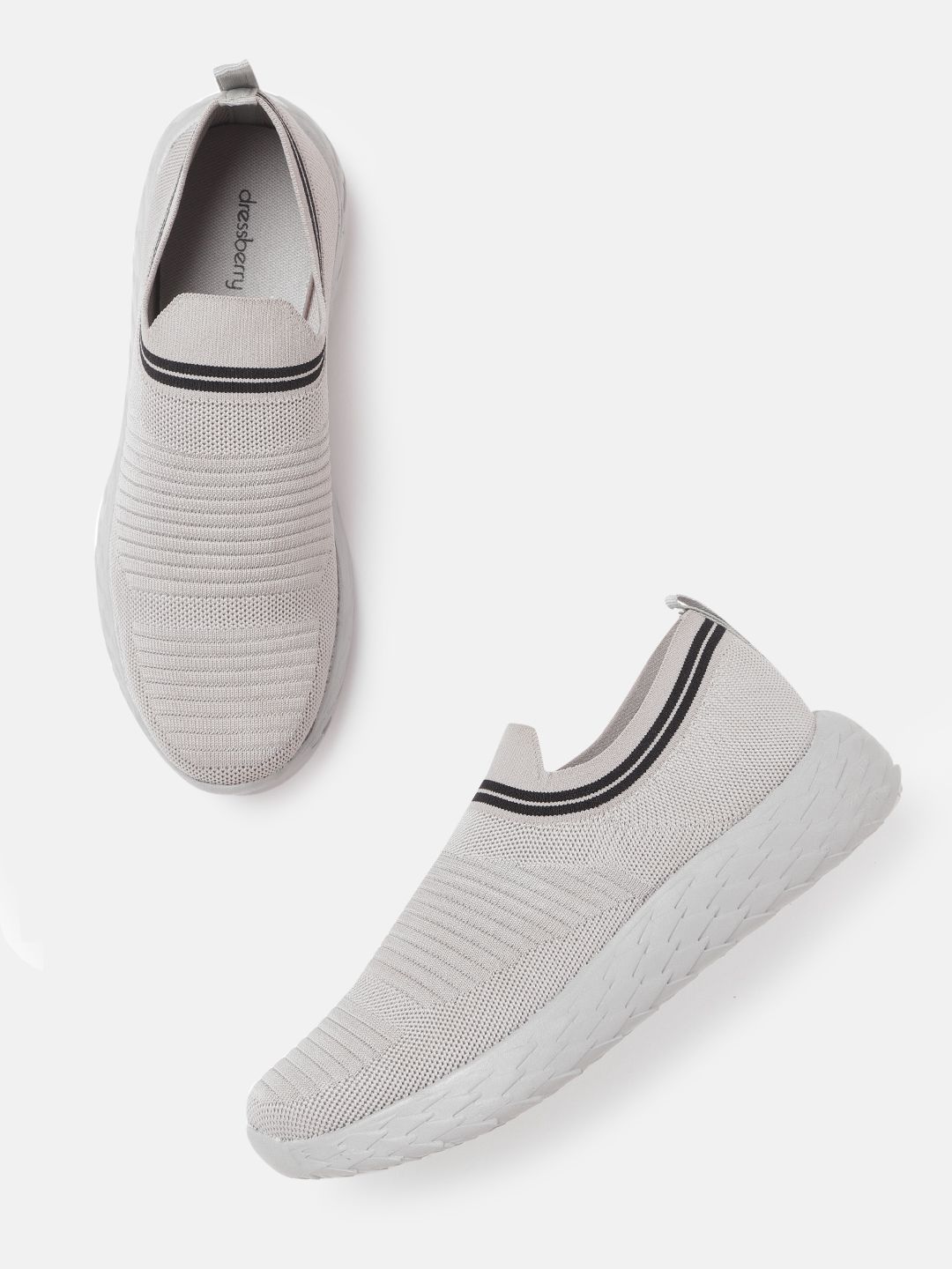 DressBerry Women Grey Self-Striped Knitted Slip-On Sneakers Price in India