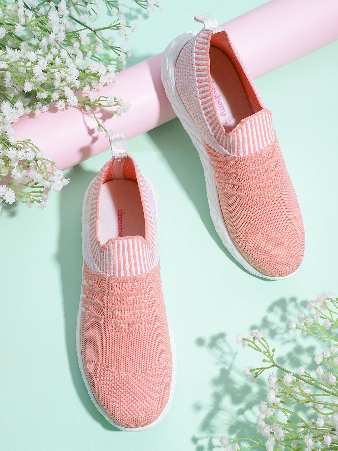 DressBerry Women Peach-Coloured & White Woven Design Slip-On Sneakers