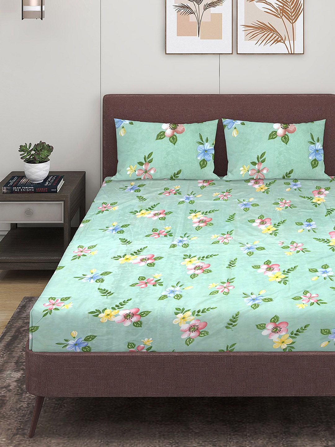 ROMEE Green Floral Polyester 144 TC Queen Bedsheet with 2 Pillow Covers-88 x 95 inches