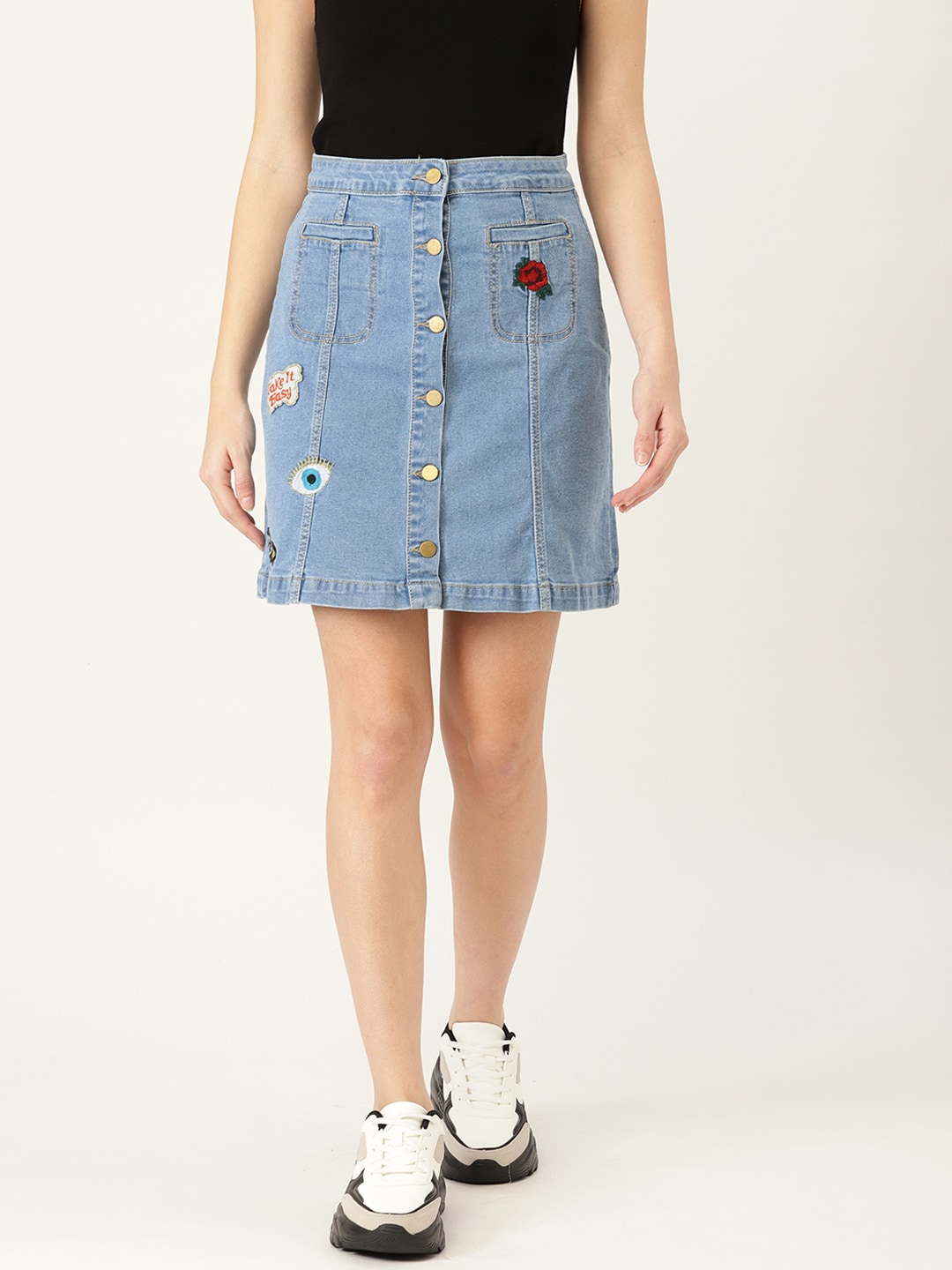 DressBerry Women Blue Solid Denim Straight Skirt With Applique Detail Price in India