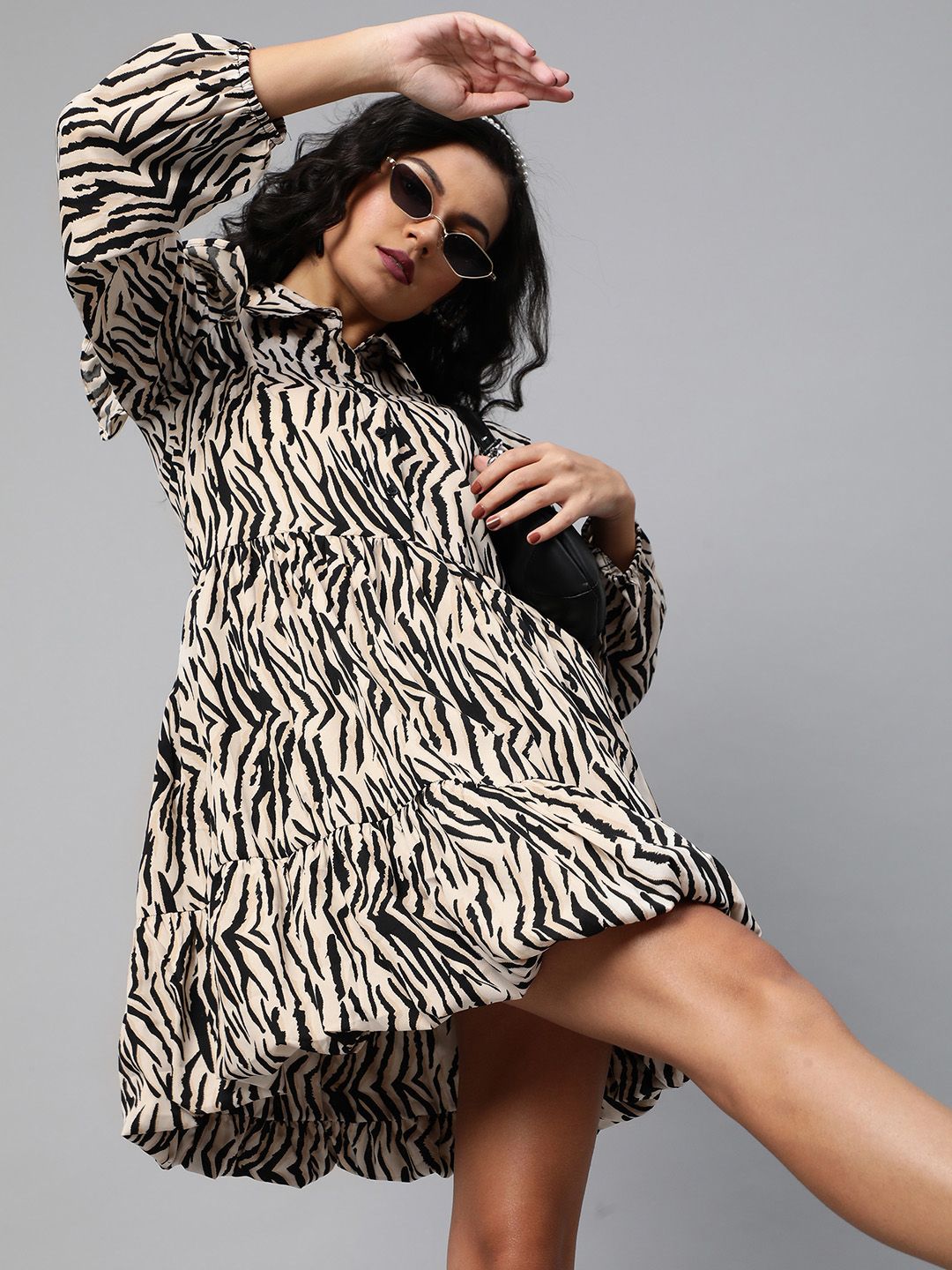 plusS Mighty Beige and Black Animal Printed Tiered Shirt Balloon Dress Price in India