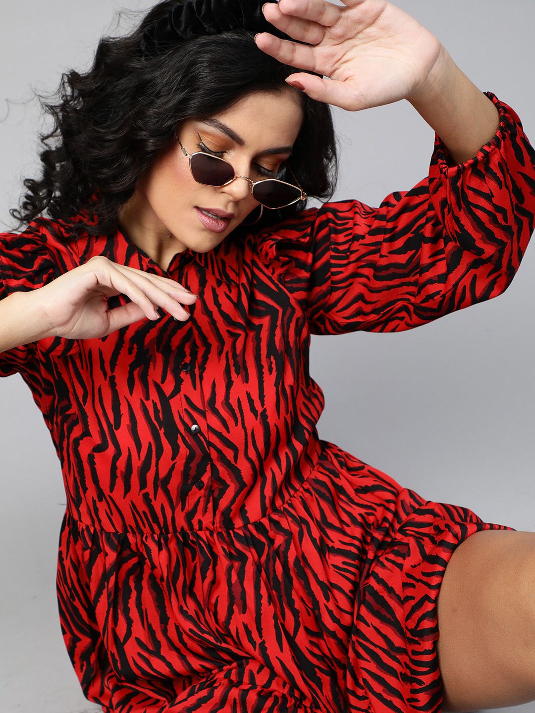 plusS Fiery Red and Black Animal Printed A-Line Dress Price in India