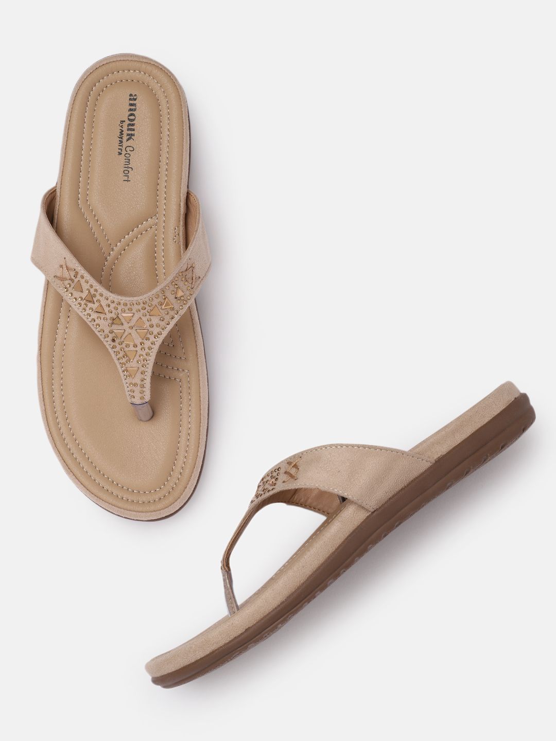 Anouk Women Beige Embellished T-Strap Flats Price in India